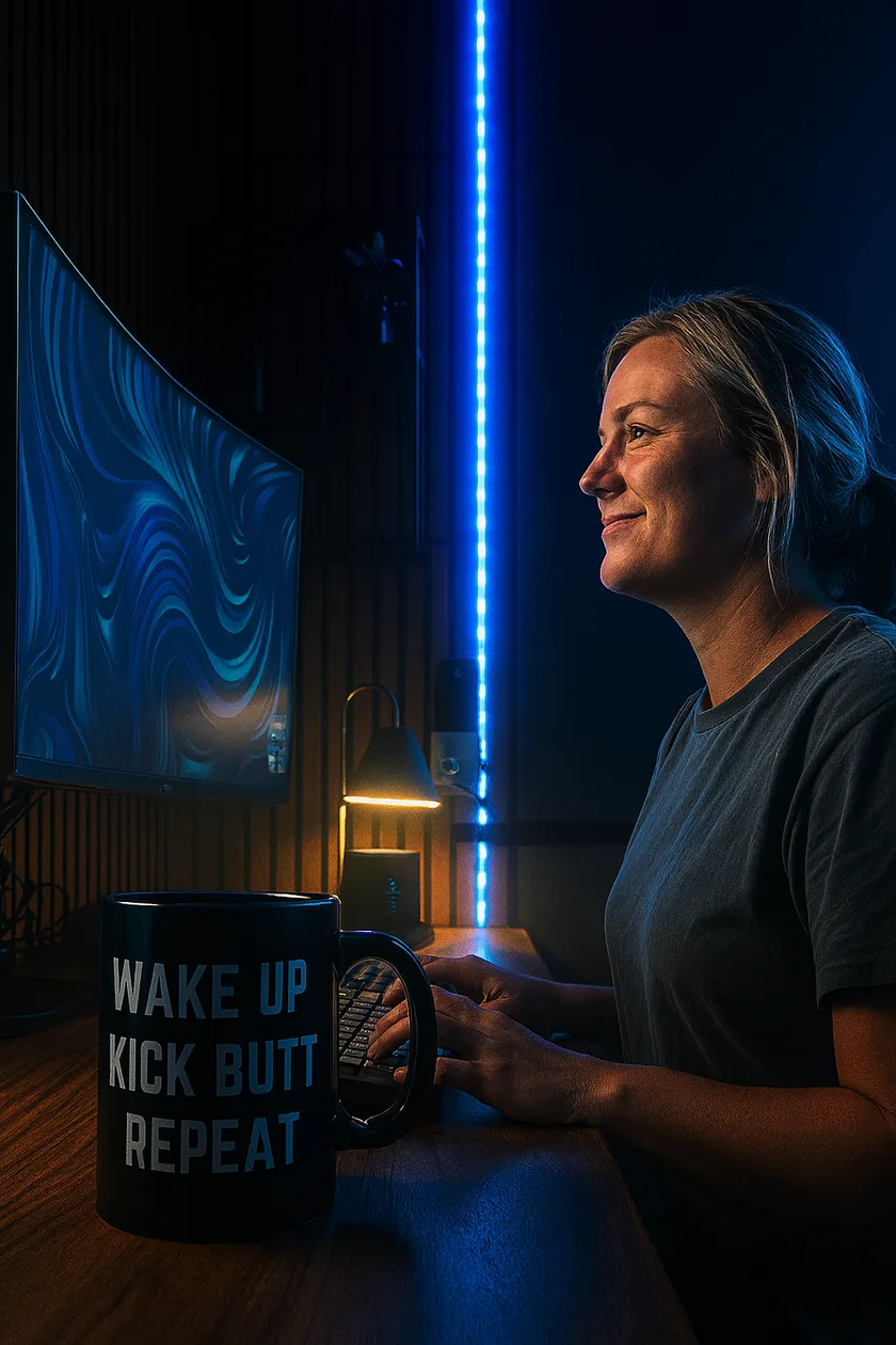 Holly at her desk, mid-build, beside a WAKE UP KICK BUTT REPEAT mug